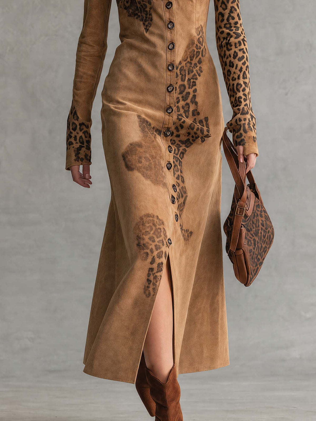 Vintage Western Faux Suede Leopard Print Button Down Long Sleeve Midi Dress