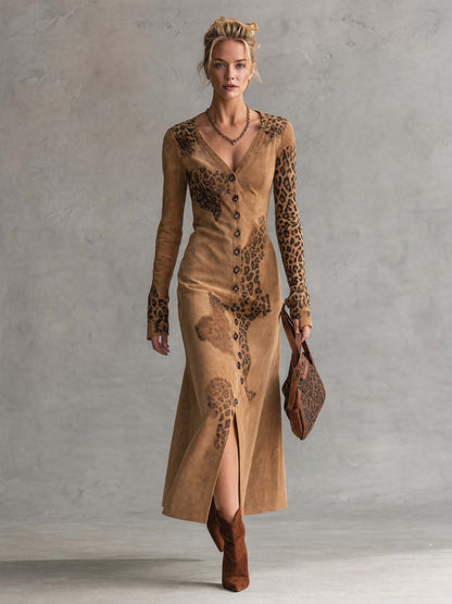 Vintage Western Faux Suede Leopard Print Button Down Long Sleeve Midi Dress