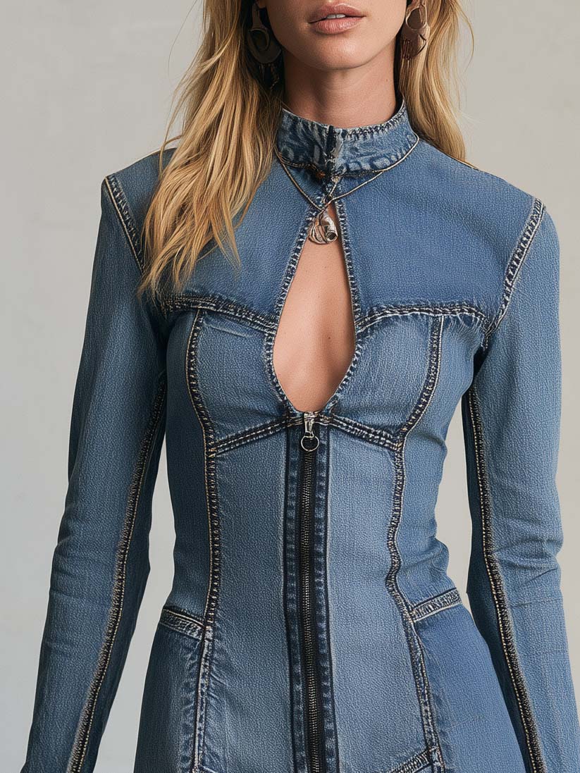 Retro Chic Patchwork Denim Keyhole Zip-Front Frayed Hem Long Sleeve Mini Dress