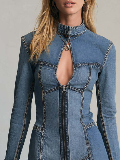 Retro Chic Patchwork Denim Keyhole Zip-Front Frayed Hem Long Sleeve Mini Dress