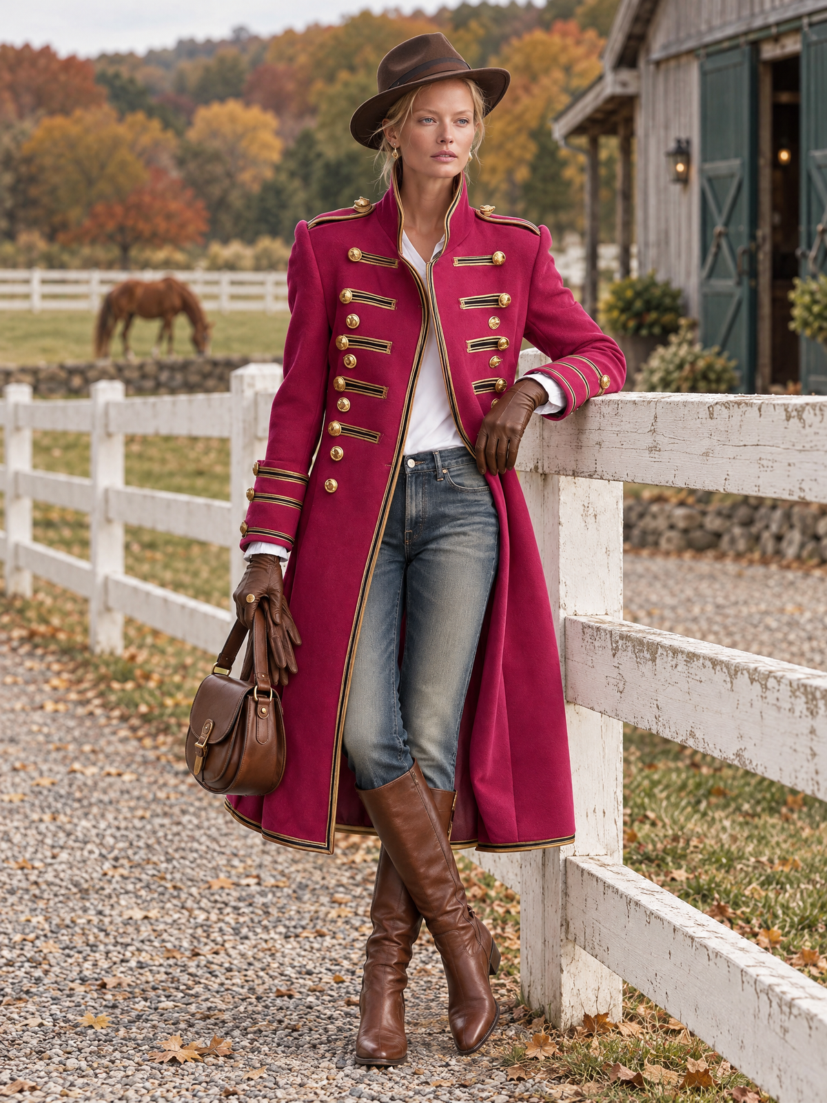 Vintage Military Magenta Gold Button Braided Trim Stand Collar Long Wool Coat