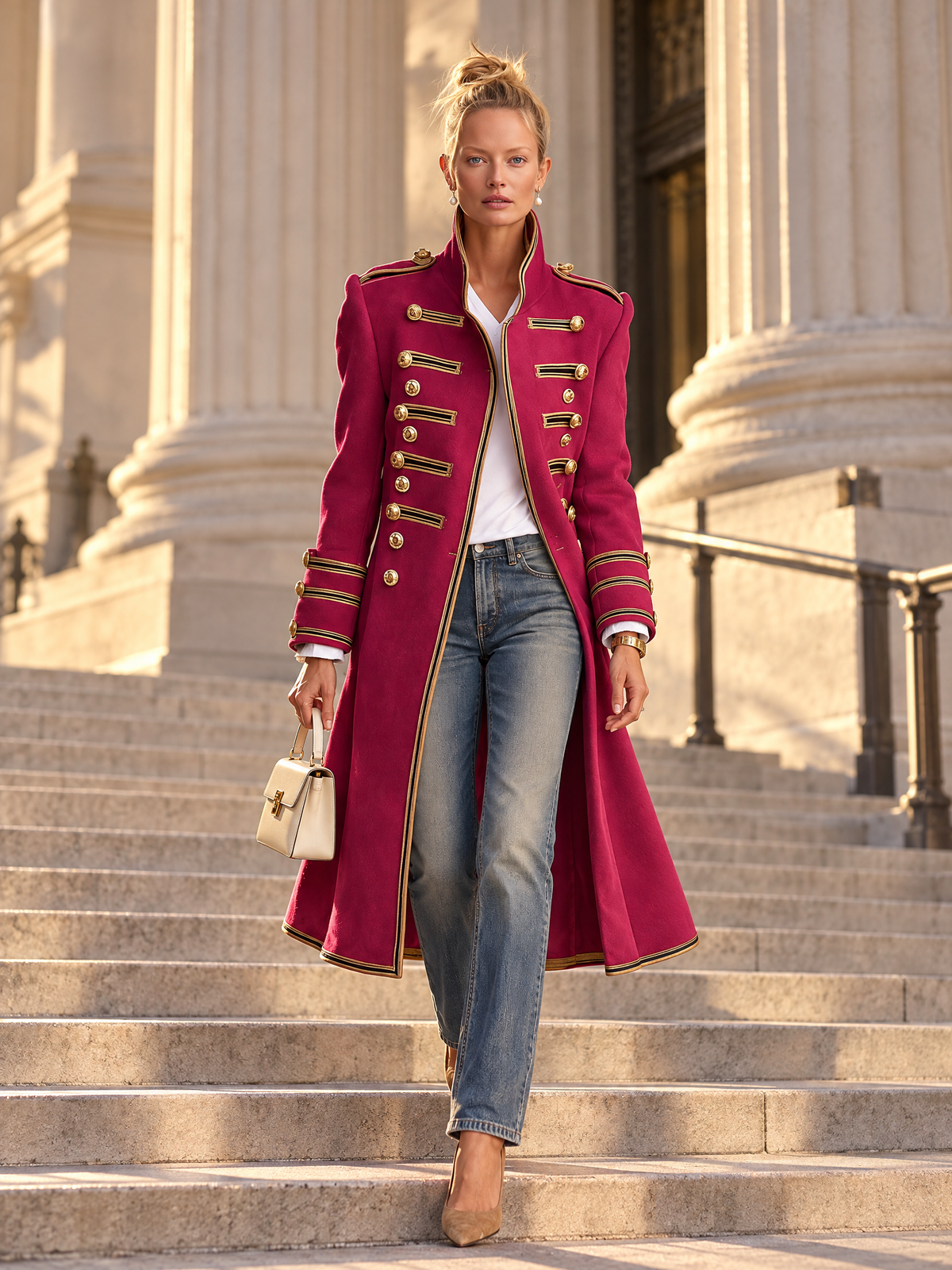 Vintage Military Magenta Gold Button Braided Trim Stand Collar Long Wool Coat