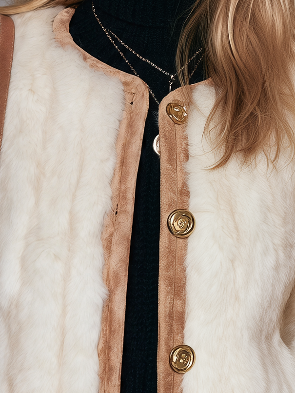 Vintage Camel Faux Suede Shearling Trim Fitted Coat For Women
