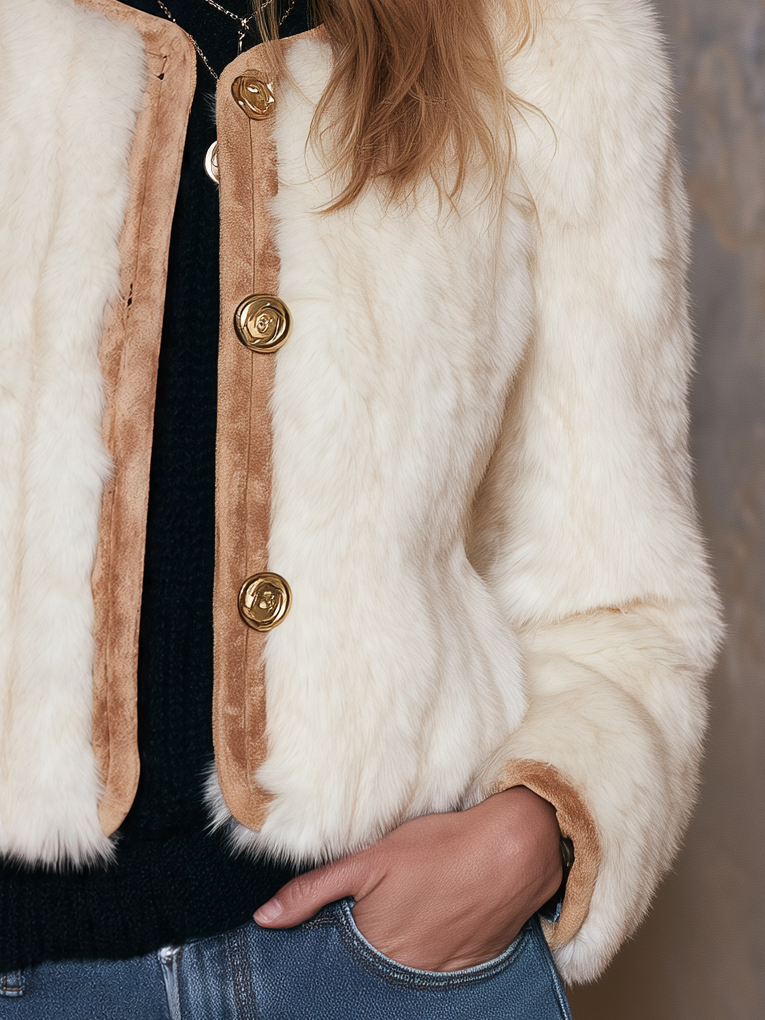 Vintage Camel Faux Suede Shearling Trim Fitted Coat For Women