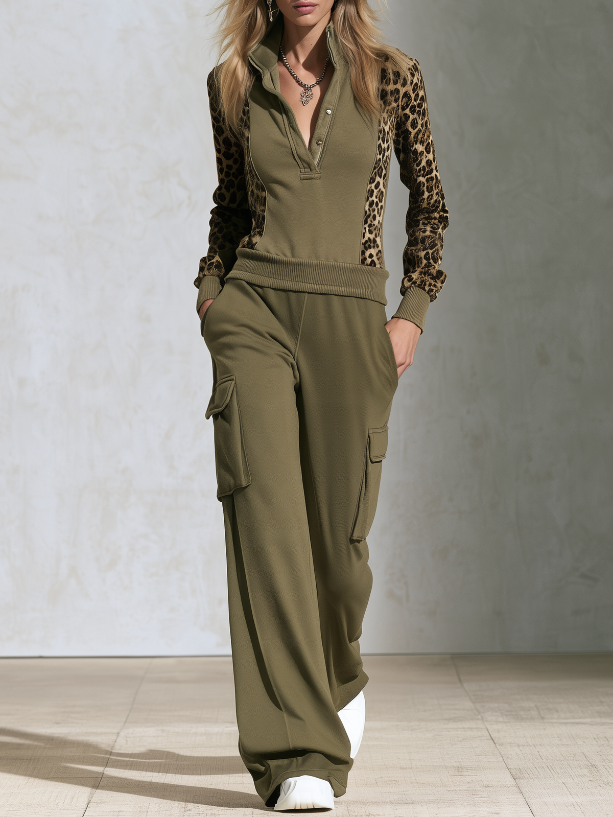 Retro Sporty Leopard Print Patchwork Velvet Zip-Up Track Set