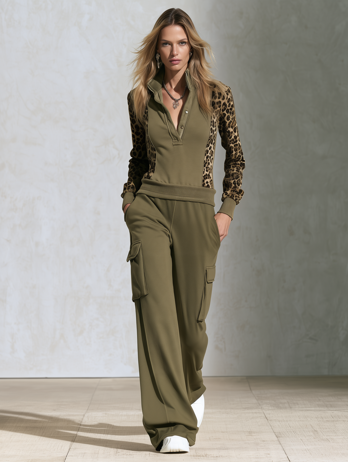 Retro Sporty Leopard Print Patchwork Velvet Zip-Up Track Set