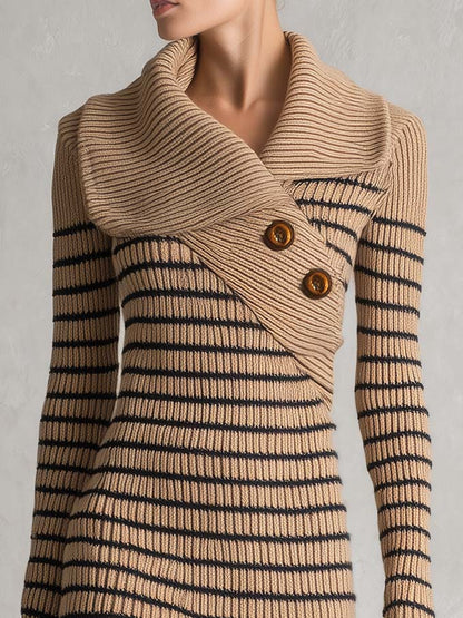 Retro Striped Shawl Collar Asymmetric Button Ribbed Long Sleeve Sweater Mini Dress