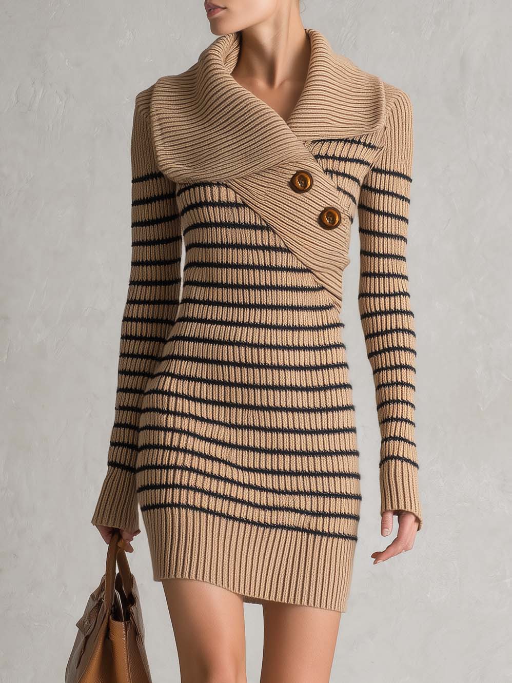 Retro Striped Shawl Collar Asymmetric Button Ribbed Long Sleeve Sweater Mini Dress