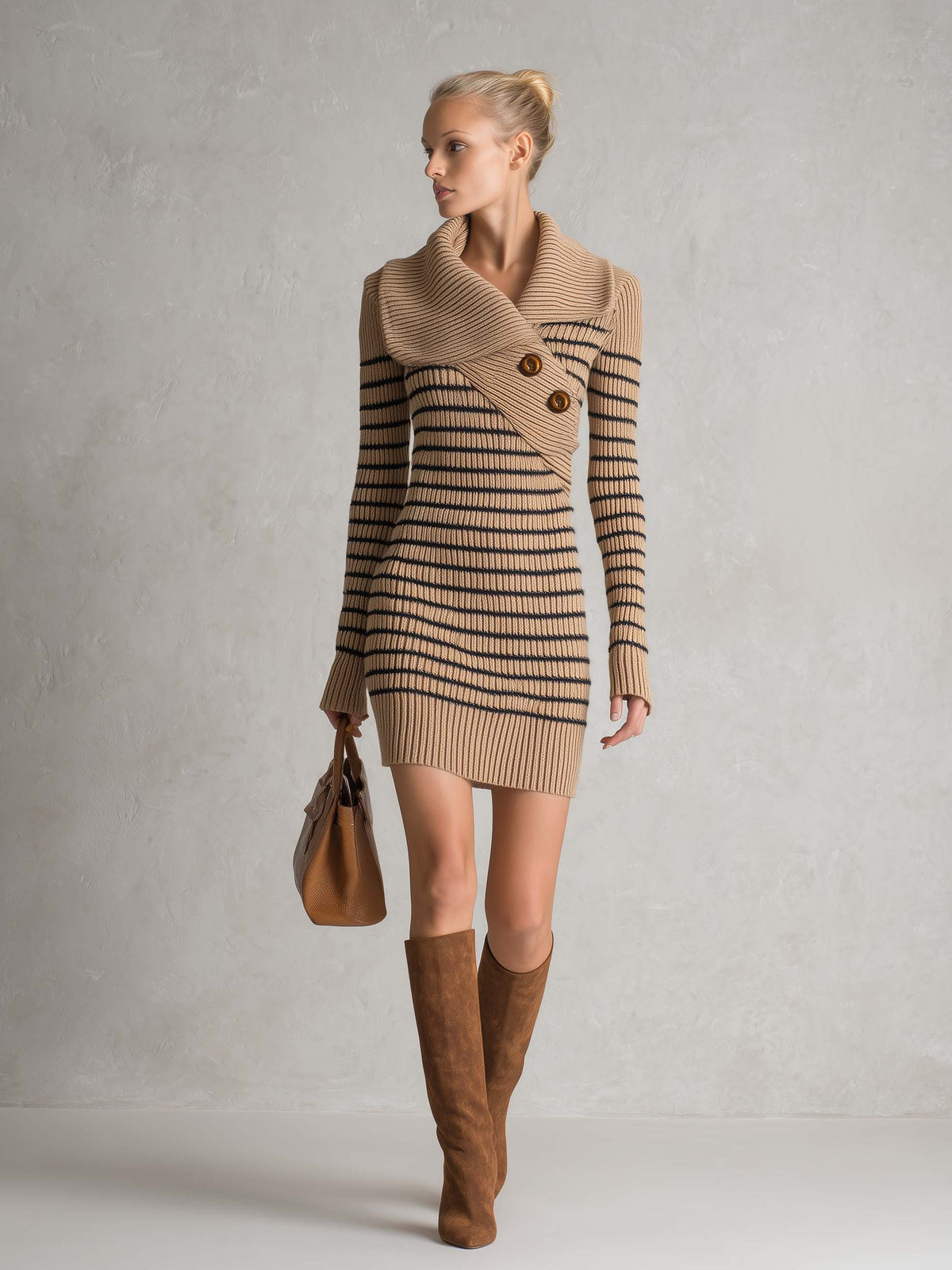 Retro Striped Shawl Collar Asymmetric Button Ribbed Long Sleeve Sweater Mini Dress