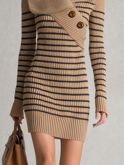 Retro Striped Shawl Collar Asymmetric Button Ribbed Long Sleeve Sweater Mini Dress