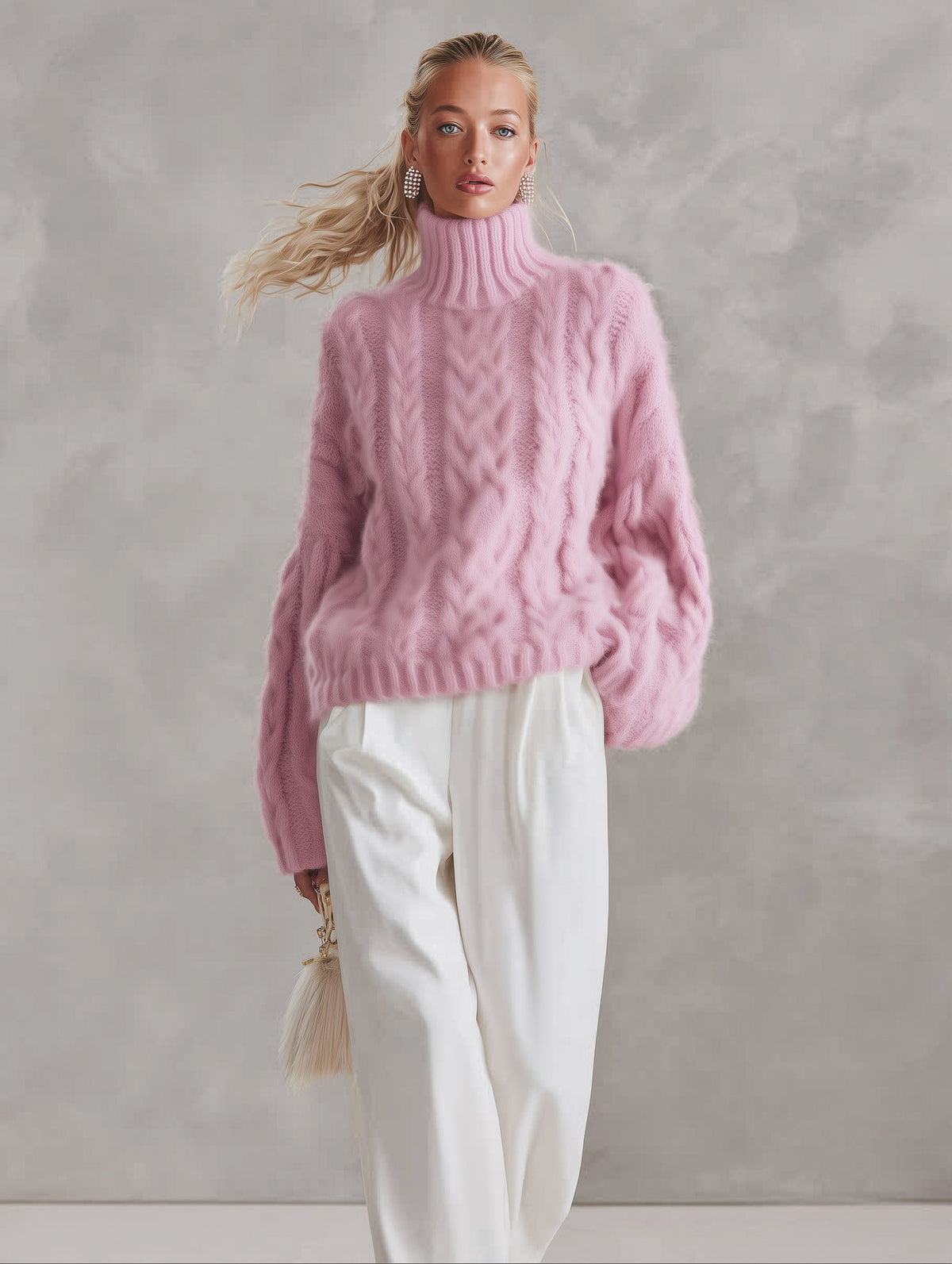 Cozy Oversized Pink Chunky Cable-Knit Turtleneck Sweater