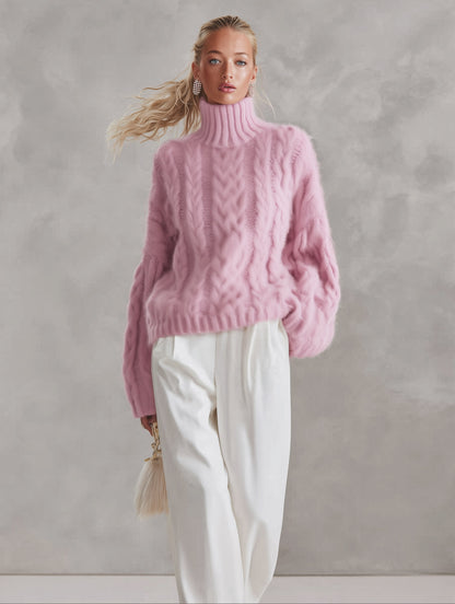 Cozy Oversized Pink Chunky Cable-Knit Turtleneck Sweater
