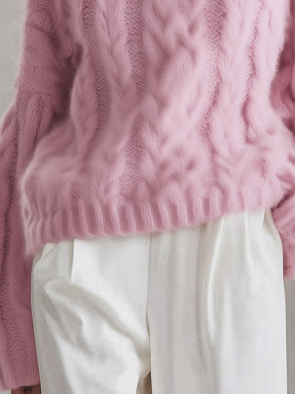 Cozy Oversized Pink Chunky Cable-Knit Turtleneck Sweater