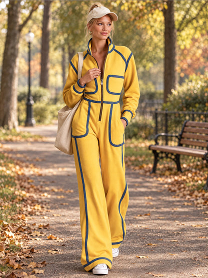 Casual Retro Denim-trimmed Yellow Stand-up Collar Zip-up Cotton Jumpsuit