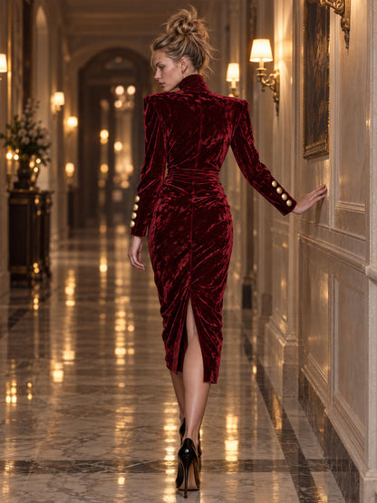 Vintage-elegant Burgundy High-neck Pleated Velvet Midi Dress