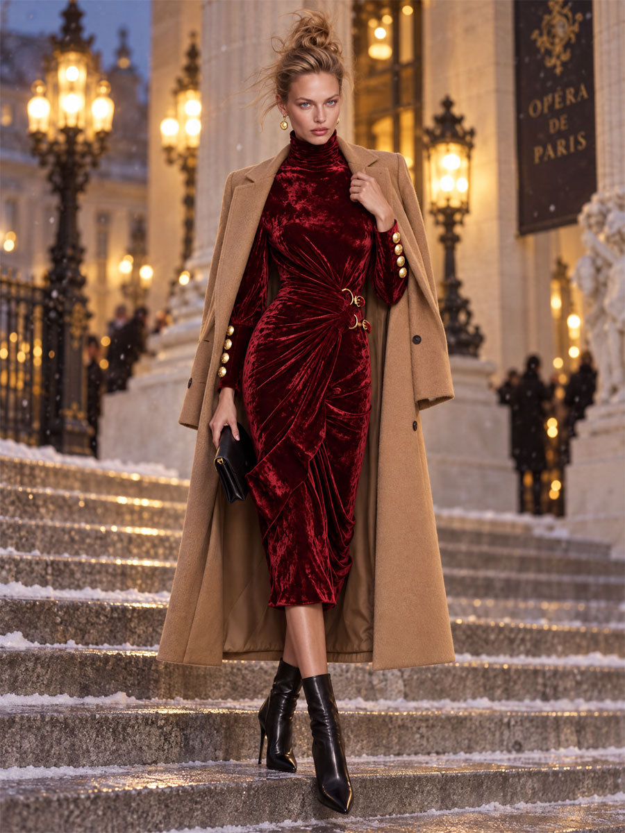 Vintage-elegant Burgundy High-neck Pleated Velvet Midi Dress