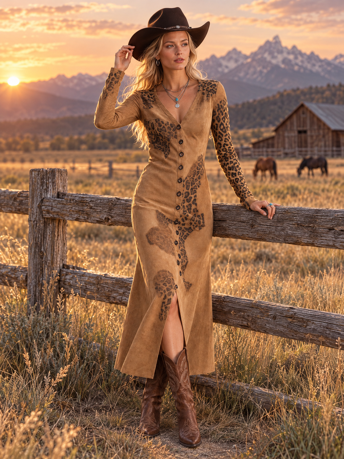 Vintage Western Faux Suede Leopard Print Button Down Long Sleeve Midi Dress