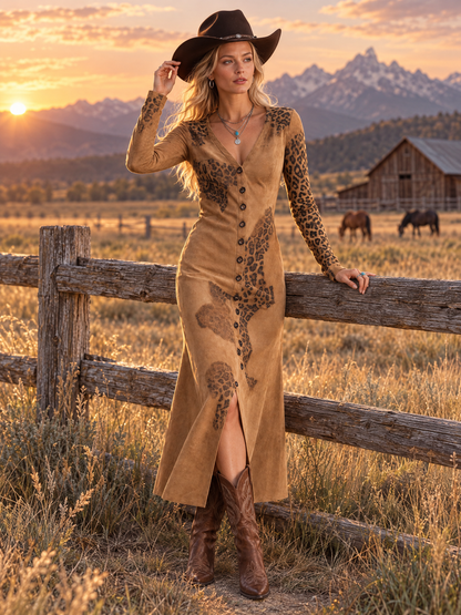 Vintage Western Faux Suede Leopard Print Button Down Long Sleeve Midi Dress