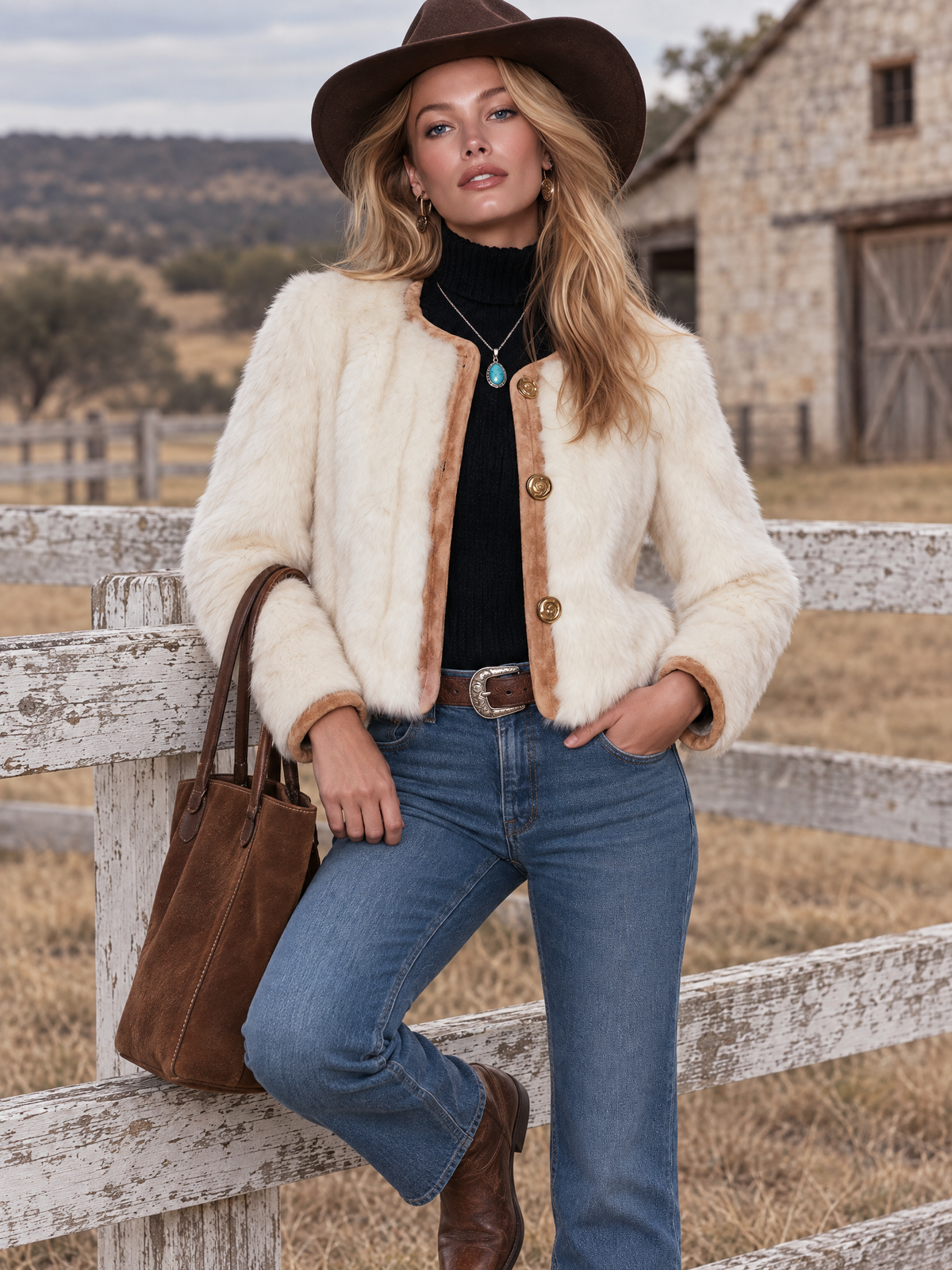 Vintage Camel Faux Suede Shearling Trim Fitted Coat For Women