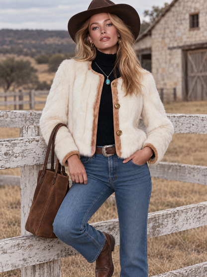 Vintage Camel Faux Suede Shearling Trim Fitted Coat For Women