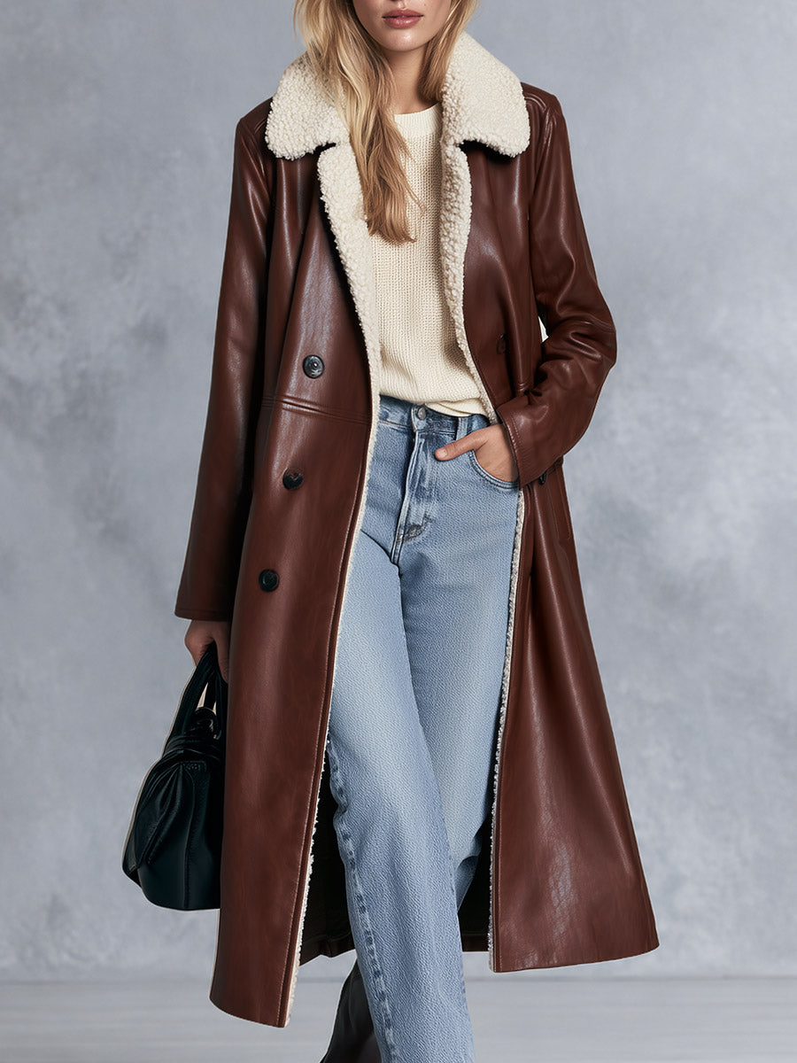 Vintage-style Fleece-collared Brown-red PU Coat