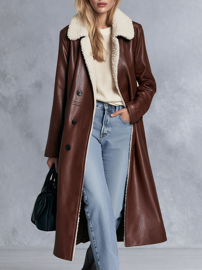 Vintage-style Fleece-collared Brown-red PU Coat