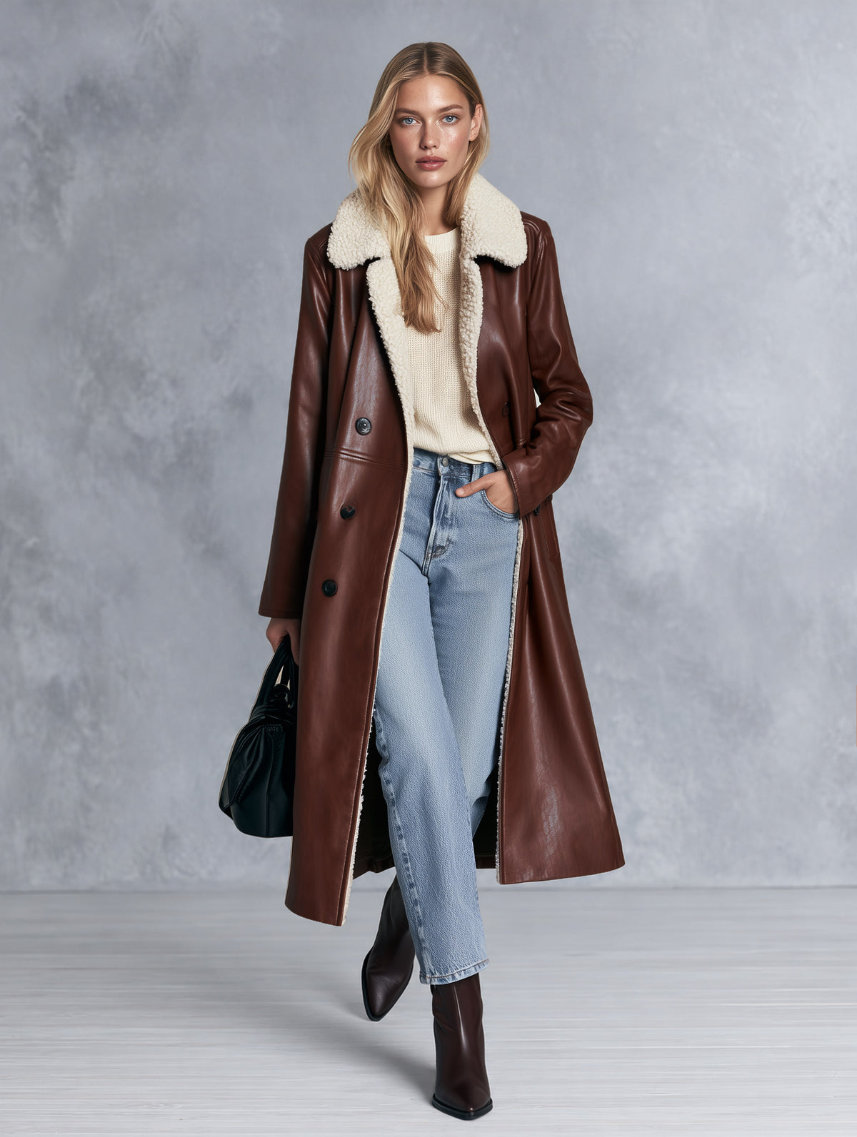 Vintage-style Fleece-collared Brown-red PU Coat