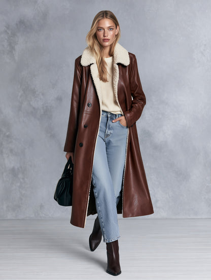 Vintage-style Fleece-collared Brown-red PU Coat