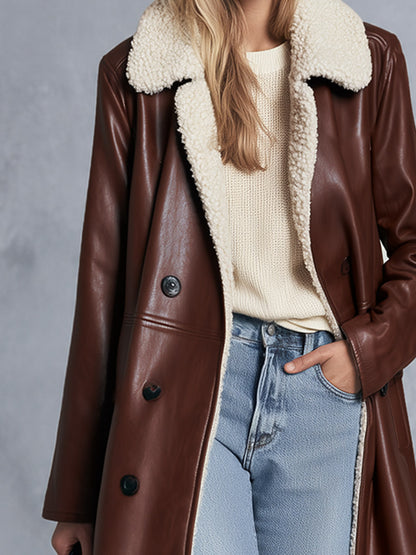 Vintage-style Fleece-collared Brown-red PU Coat