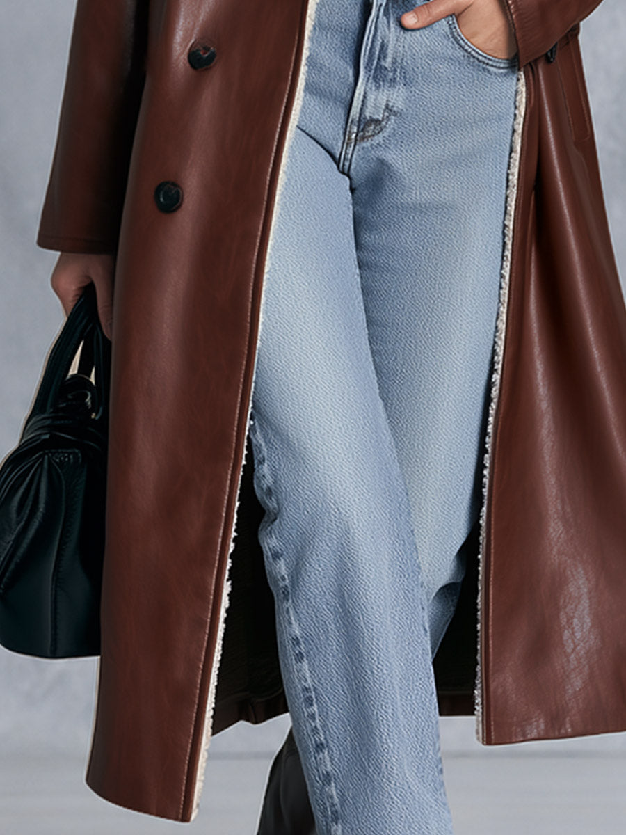Vintage-style Fleece-collared Brown-red PU Coat