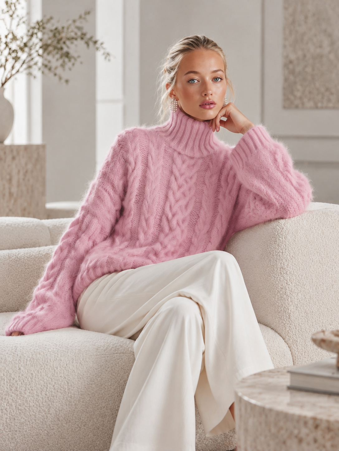 Cozy Oversized Pink Chunky Cable-Knit Turtleneck Sweater