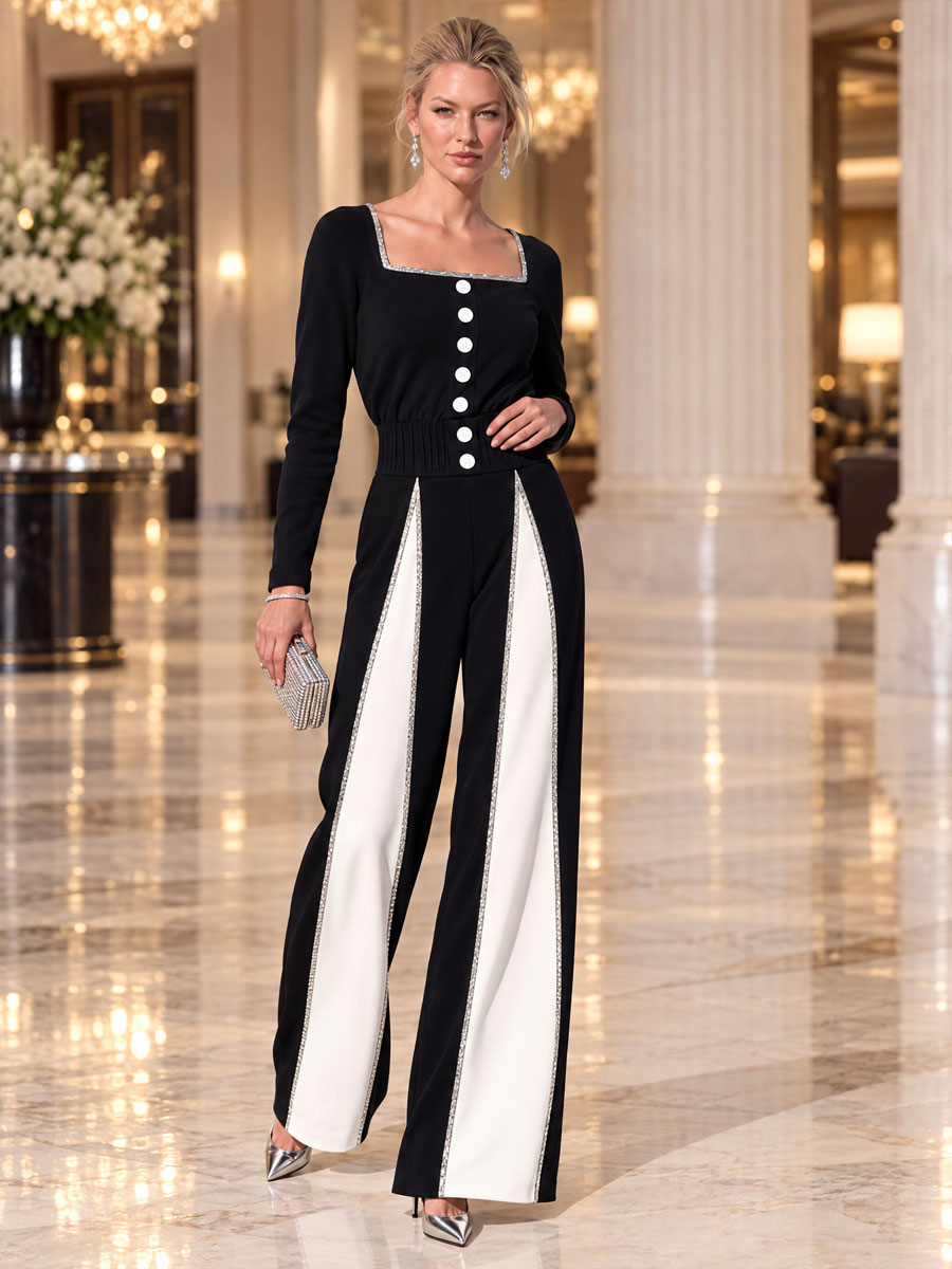 Retro-chic Black And White Color-blocked Square Neck Button Cotton Wide-leg Jumpsuit