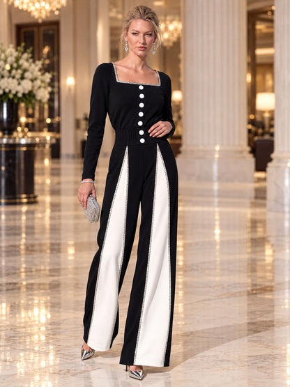 Retro-chic Black And White Color-blocked Square Neck Button Cotton Wide-leg Jumpsuit