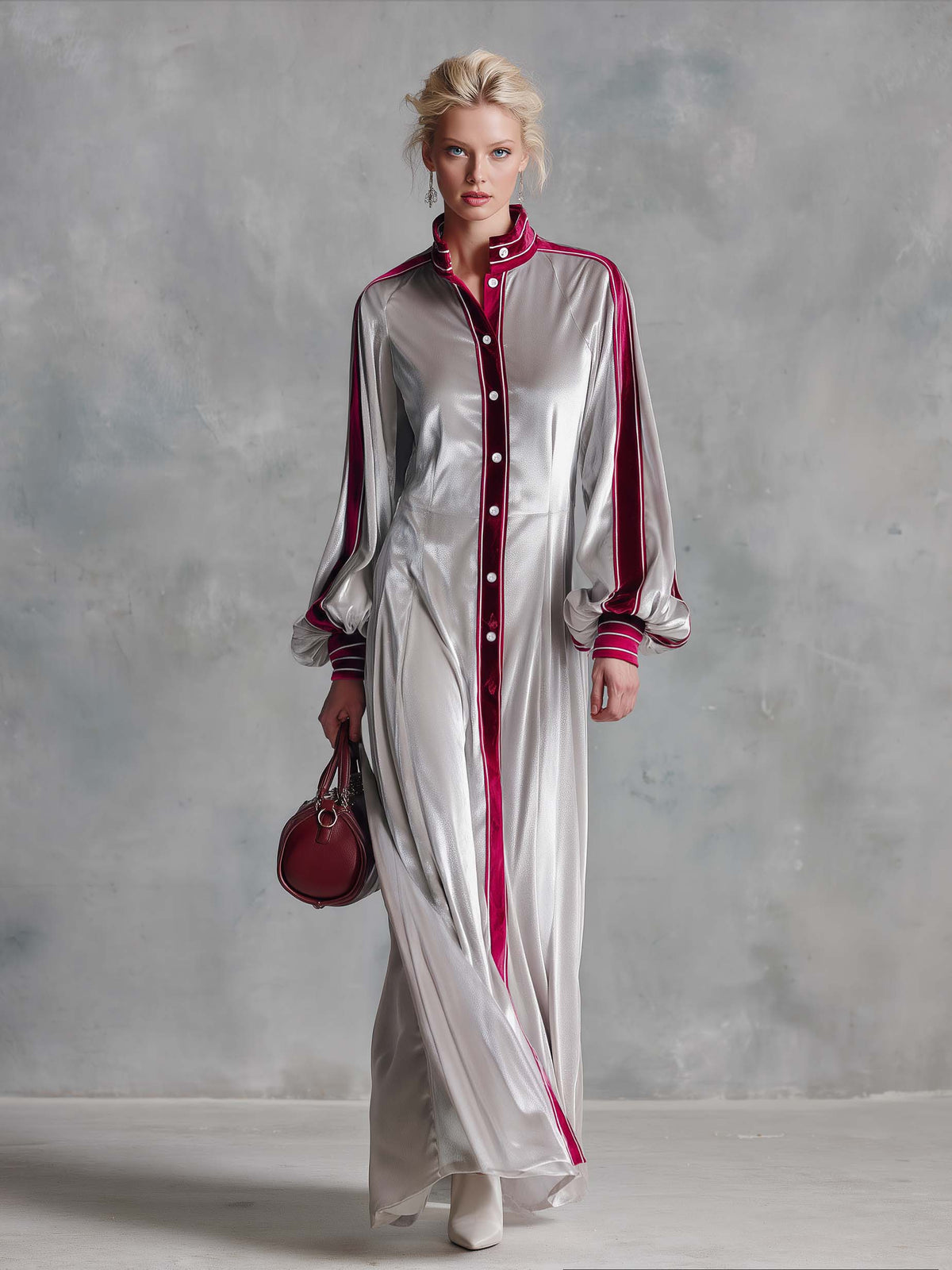 Vintage Elegant Silver Velvet Contrast Trim Balloon Sleeve Button-Down Maxi Shirt Dress