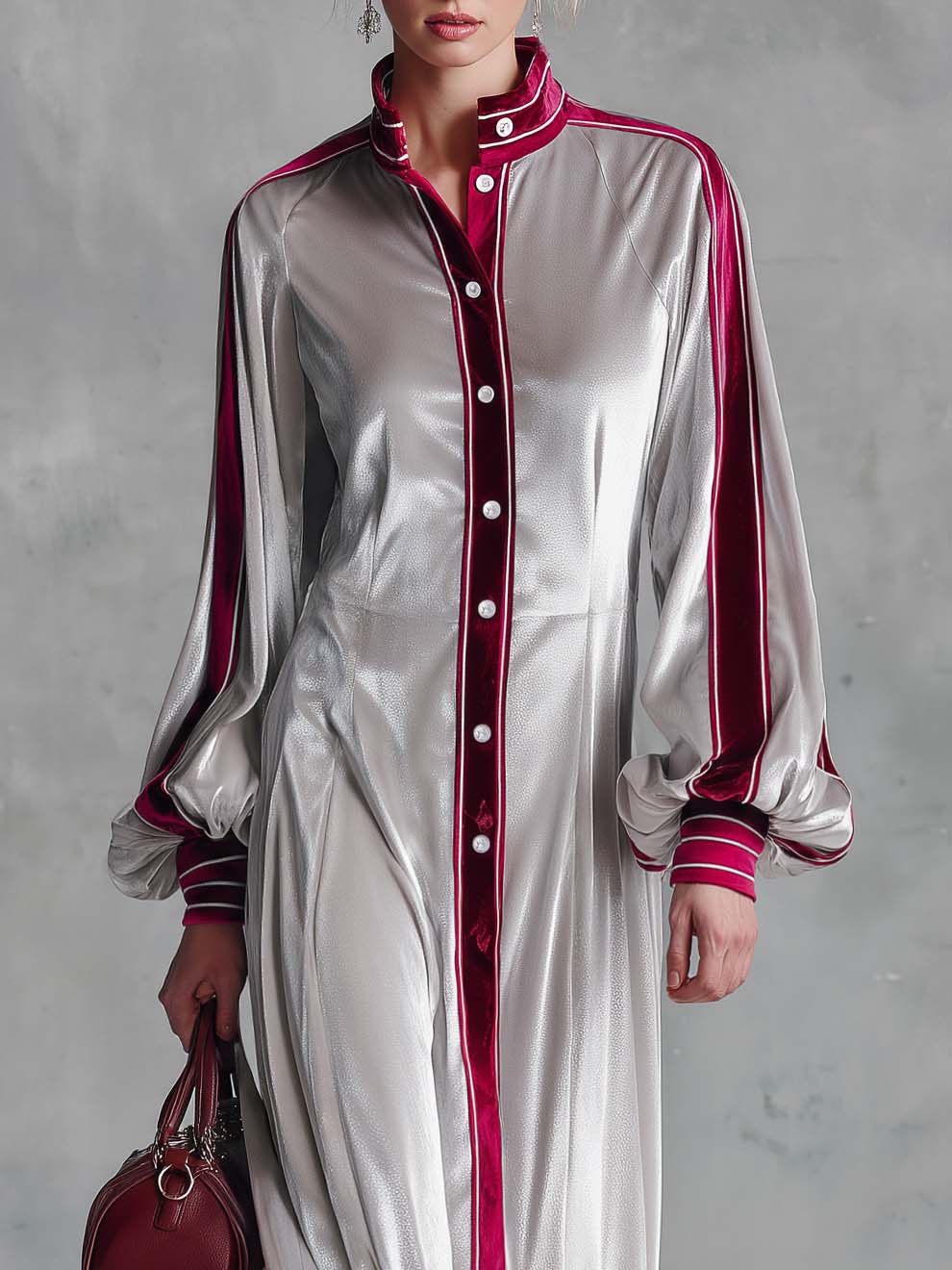 Vintage Elegant Silver Velvet Contrast Trim Balloon Sleeve Button-Down Maxi Shirt Dress