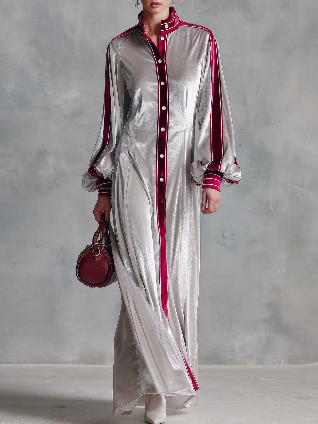 Vintage Elegant Silver Velvet Contrast Trim Balloon Sleeve Button-Down Maxi Shirt Dress