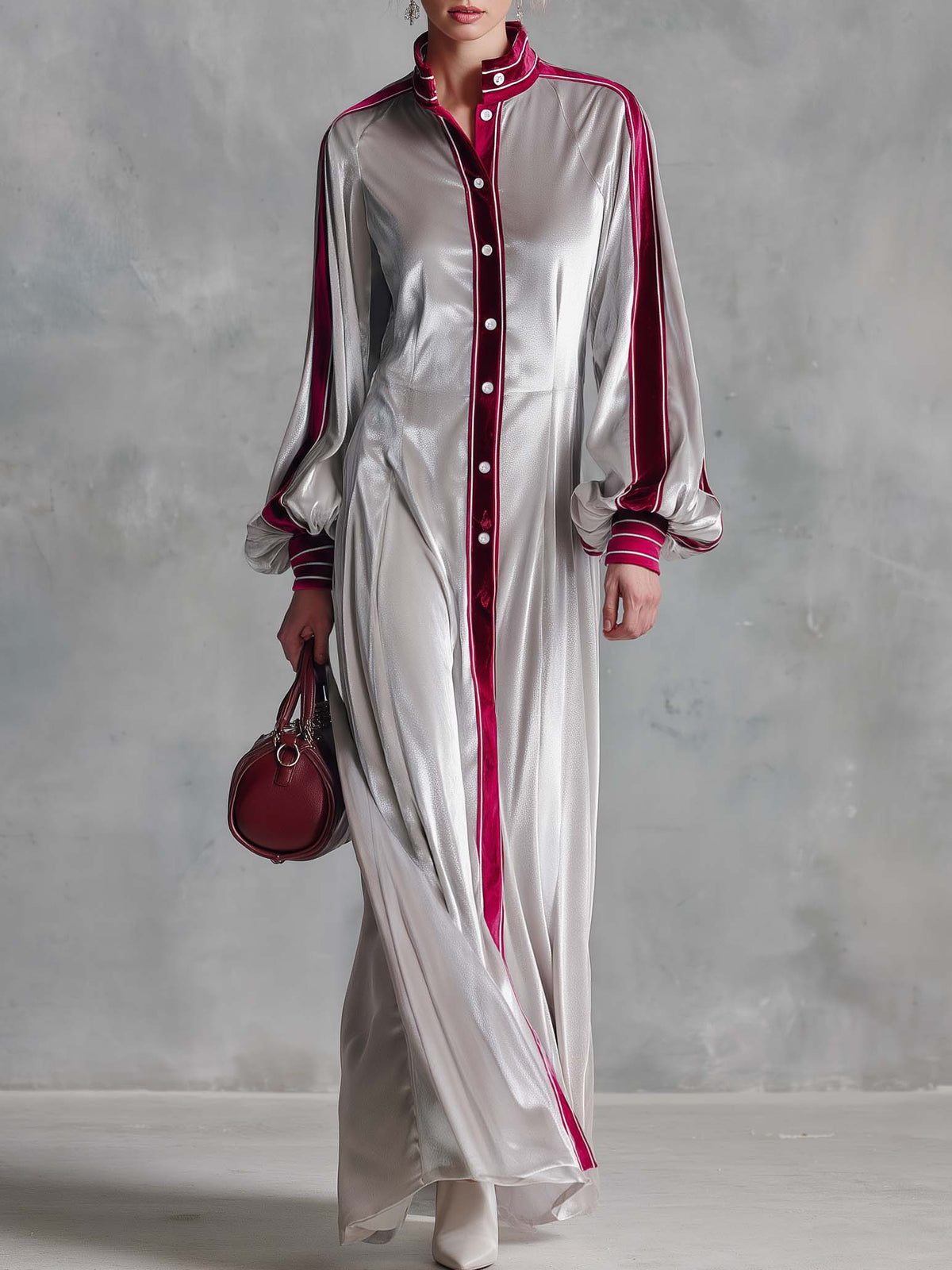 Vintage Elegant Silver Velvet Contrast Trim Balloon Sleeve Button-Down Maxi Shirt Dress