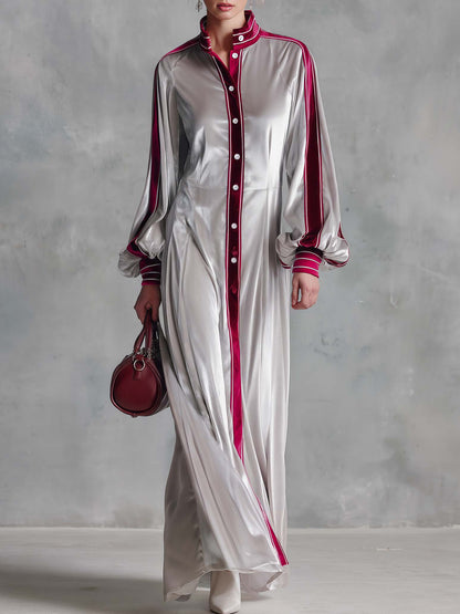 Vintage Elegant Silver Velvet Contrast Trim Balloon Sleeve Button-Down Maxi Shirt Dress