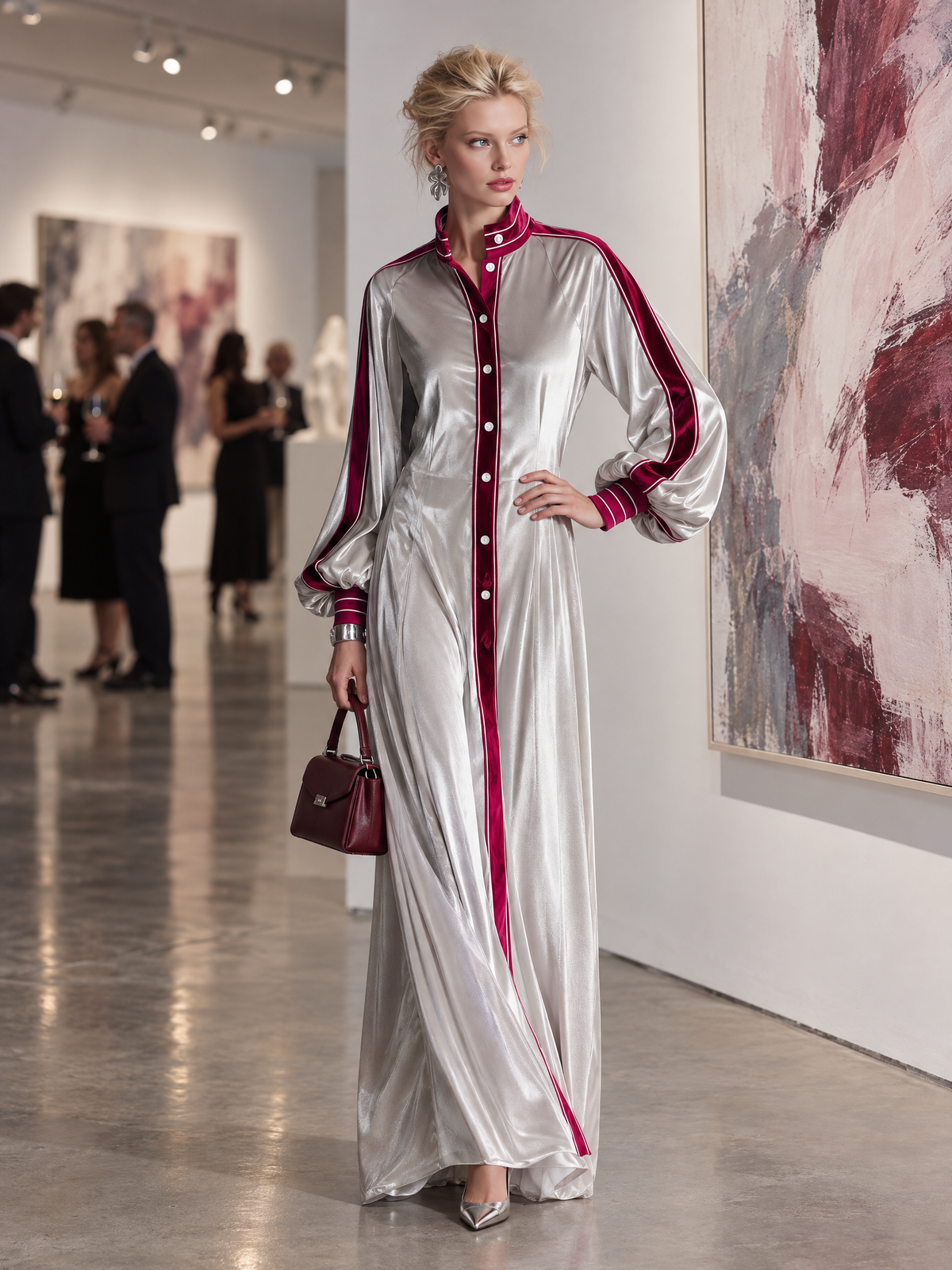 Vintage Elegant Silver Velvet Contrast Trim Balloon Sleeve Button-Down Maxi Shirt Dress