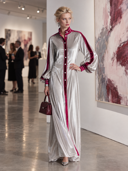 Vintage Elegant Silver Velvet Contrast Trim Balloon Sleeve Button-Down Maxi Shirt Dress