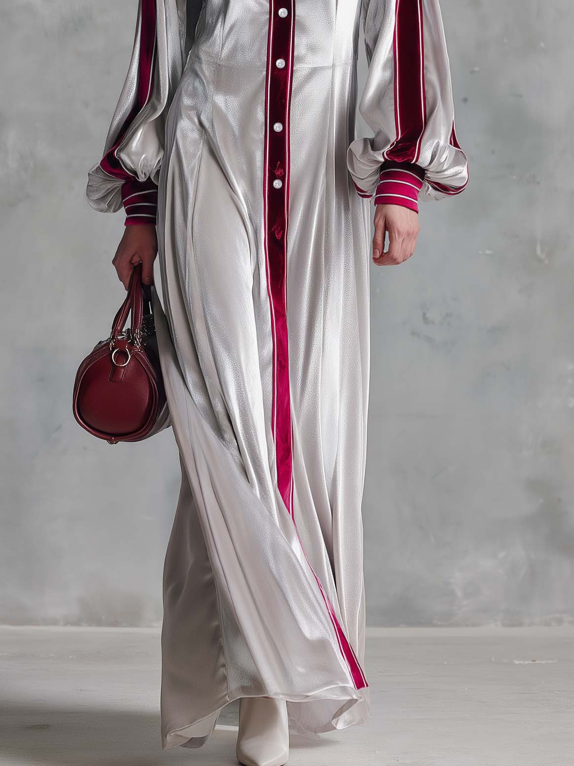 Vintage Elegant Silver Velvet Contrast Trim Balloon Sleeve Button-Down Maxi Shirt Dress