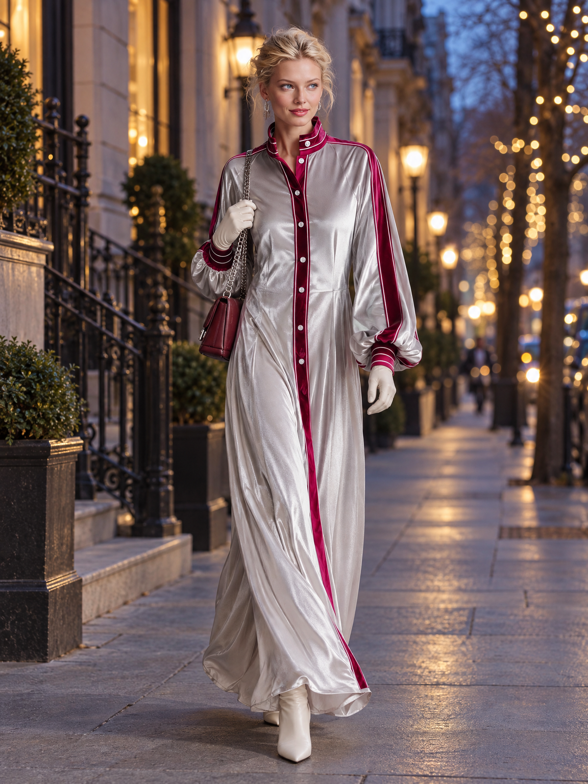 Vintage Elegant Silver Velvet Contrast Trim Balloon Sleeve Button-Down Maxi Shirt Dress