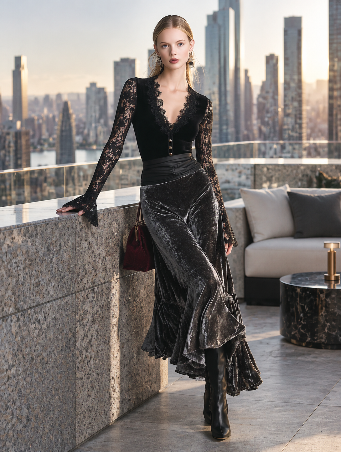 Elegant Party Black Lace And Grey Velvet Patchwork Maxi Dress