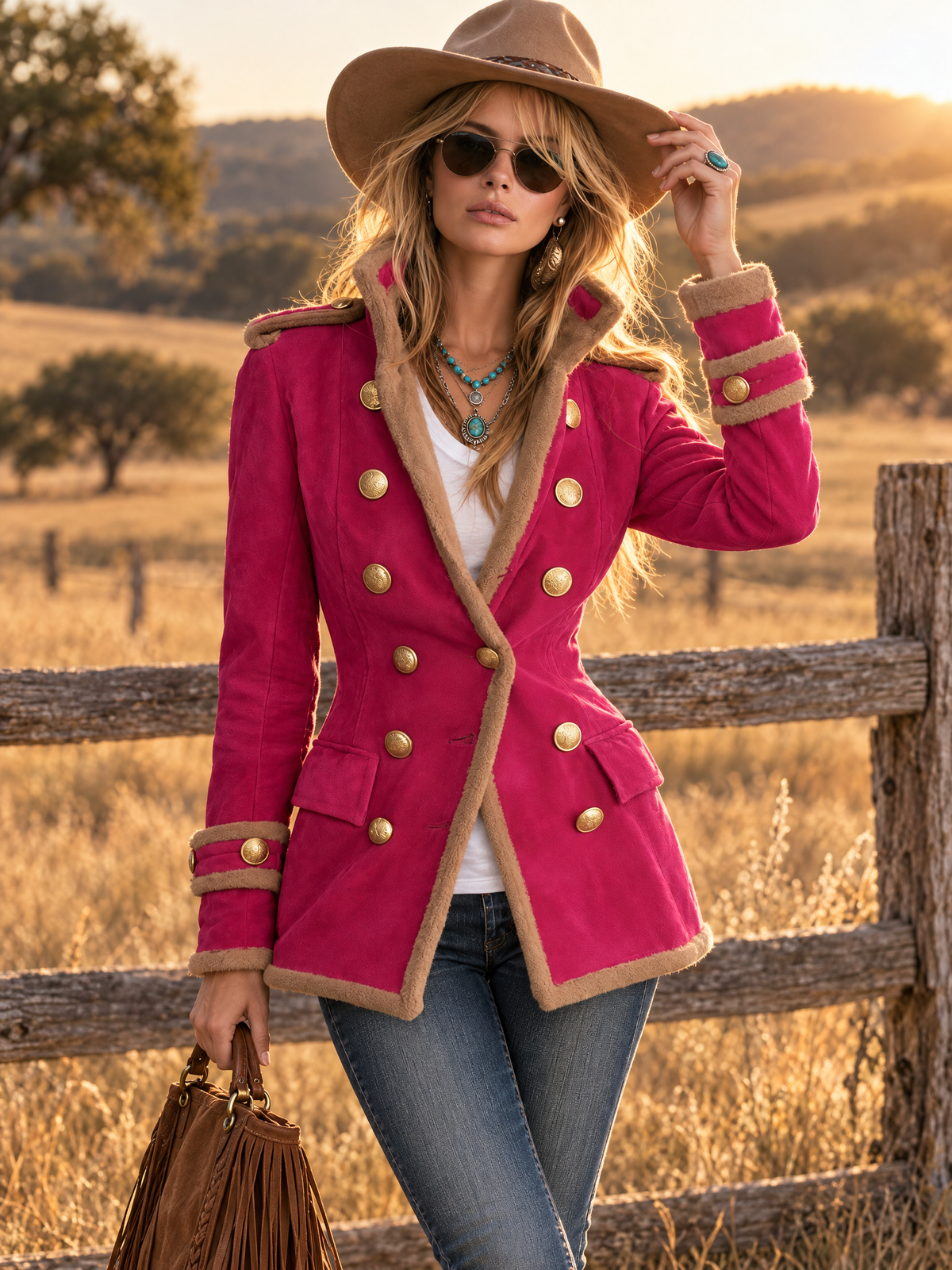 Vintage Military Hot Pink Faux Suede Shearling Trim Double-Breasted Gold Button Band Jacket