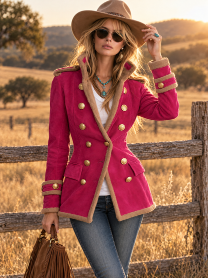 Vintage Military Hot Pink Faux Suede Shearling Trim Double-Breasted Gold Button Band Jacket