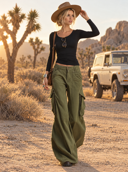 Utility Washed Olive Green Low Rise Baggy Wide Leg Women Cargo Jeans