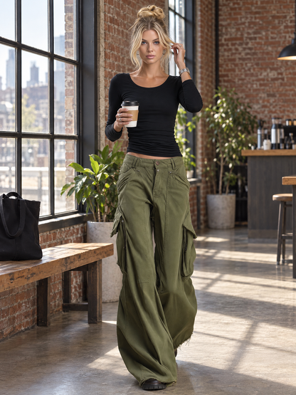 Utility Washed Olive Green Low Rise Baggy Wide Leg Women Cargo Jeans