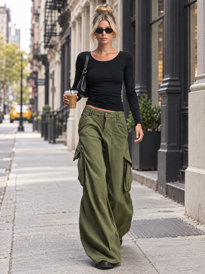 Utility Washed Olive Green Low Rise Baggy Wide Leg Women Cargo Jeans