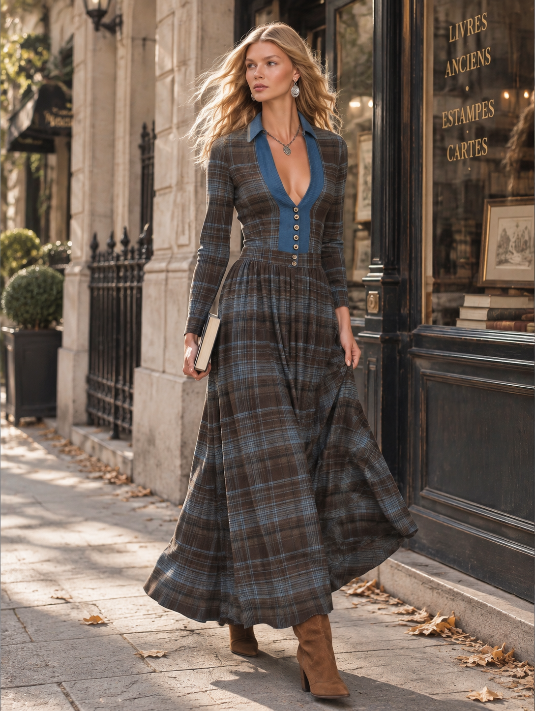 Vintage-Style Denim-Trimmed Brown and Blue Plaid Maxi Dress