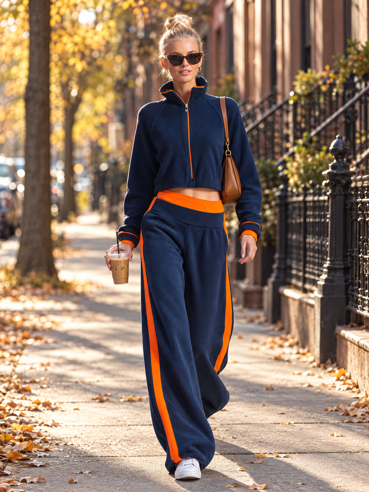Retro Sporty Navy Color-block Polar Fleece Cropped Zip-up Jacket And Wide-leg Pants Set